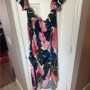 VENUS Off the Shoulder Tropical Print Dress - Pink and Blue